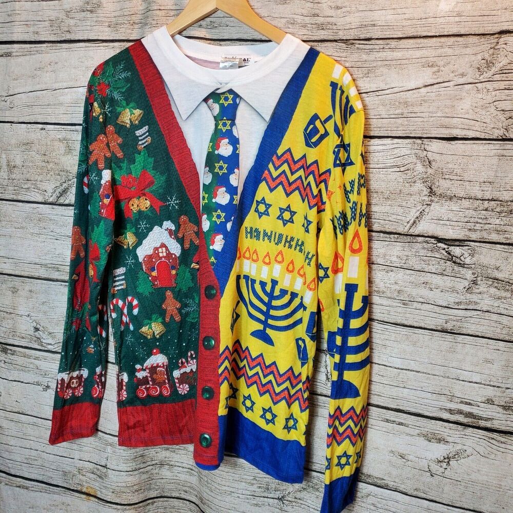 Faux Real Shirt Mens Half Ugly Holiday Green & Yellow  Sz Large